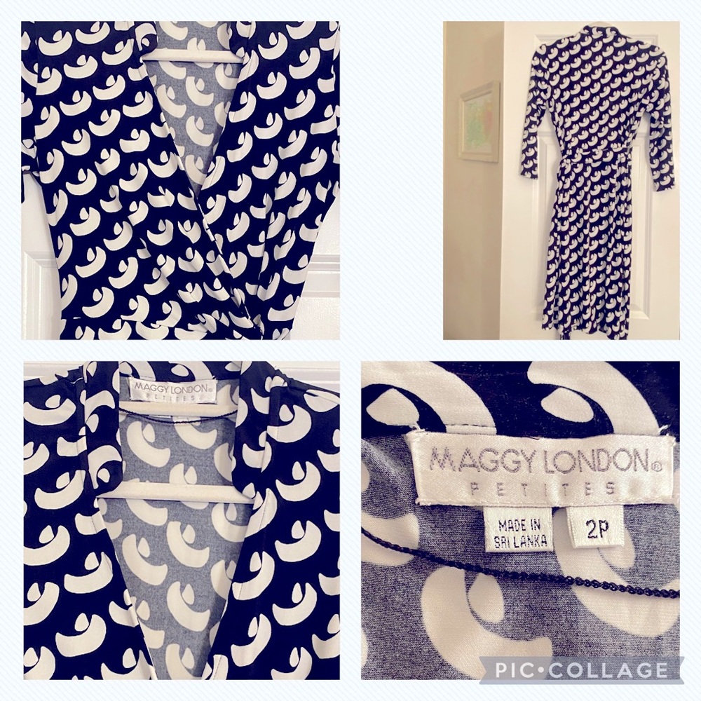 Maggy London Navy and White slimming and sleek v neck wrap dress 🤍🙌